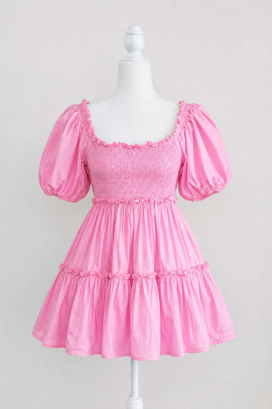 MABLE Pink Smocked Puff Sleeve Tiered Mini Dress Size Large